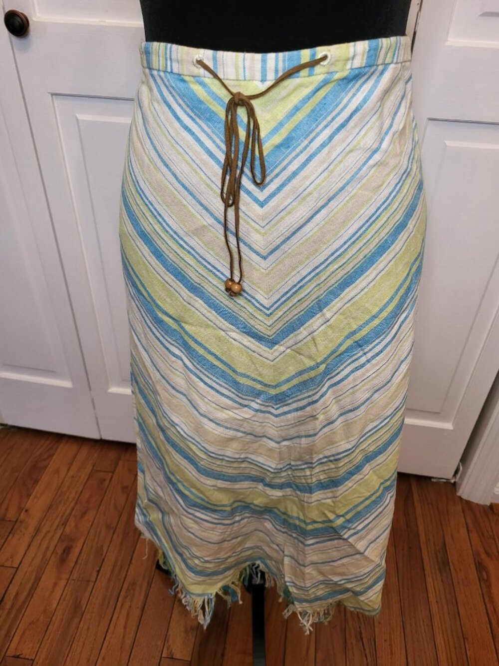 Vintage Y2K Linen Blend Midi Skirt Stripe Fringe 12  Coastal Boho Beach Hippie
